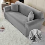 Husa elastica din catifea, pentru canapea XL 230-280 cm , cu brate, Gri Deschis