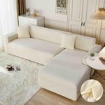 Set 2 huse elastice pentru coltar, catifea, marime: M+L, crem