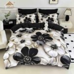 Lenjerie de Pat 1 Persoană- pat 140*200 cm, Cearceaf cu elastic, Imprimeu 5D Flori Crem cu Negru
