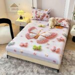 Husă Pat Dublu cu elastic cu 2 fețe de pernă, Țesătură Tip Finet , Imprimeu 5D  Fluturi Colorati