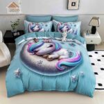 Lenjerie de pat dublu , Tesatura tip Finet,  6 piese , Imprimeu 5D Unicorn Somnoros