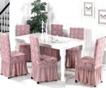 Set 6 huse elastice pentru scaune, cu volanas, model Jacquard Roz