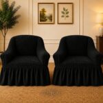 Set 2 Huse cu volanas din material elastic,creponat,   pentru Fotolii - Negru